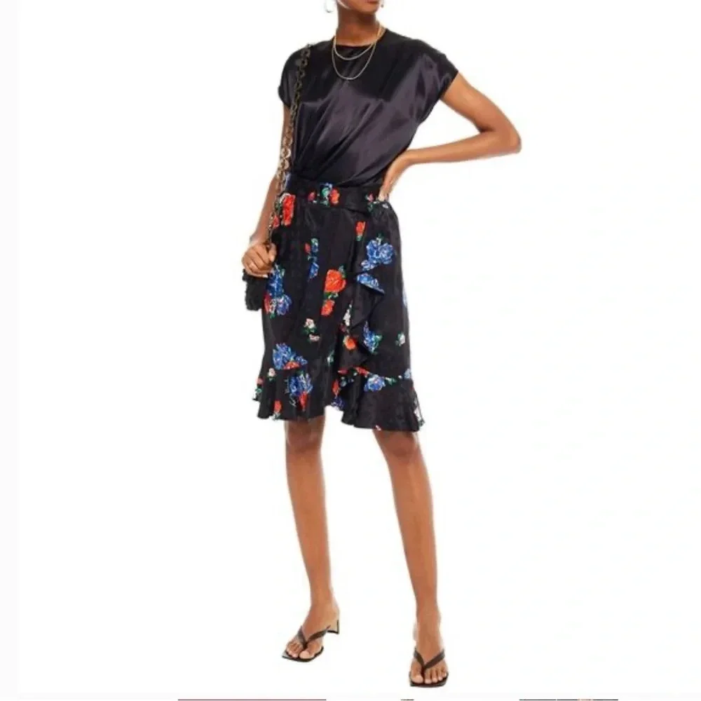 Tory Burch Womens Ruffled Floral Silk Jacquard Skirt 6 Navy Tea Rose - NWT $498